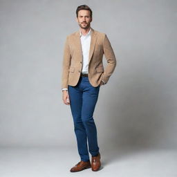 A full-body portrait of a man standing confidently, clothed in a stylish contemporary outfit.