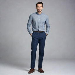 A full-body portrait of a man standing confidently, clothed in a stylish contemporary outfit.