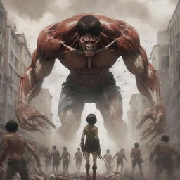 Anime-style scene of the rumbling initiated by Eren Yeager in his Attack Titan form, featuring colossal titans marching forward, ground shaking and buildings crumbling