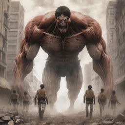 Anime-style scene of the rumbling initiated by Eren Yeager in his Attack Titan form, featuring colossal titans marching forward, ground shaking and buildings crumbling