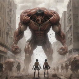 Anime-style scene of the rumbling initiated by Eren Yeager in his Attack Titan form, featuring colossal titans marching forward, ground shaking and buildings crumbling