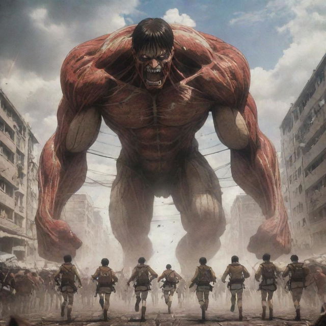 Anime-style scene of the rumbling initiated by Eren Yeager in his Attack Titan form, featuring colossal titans marching forward, ground shaking and buildings crumbling