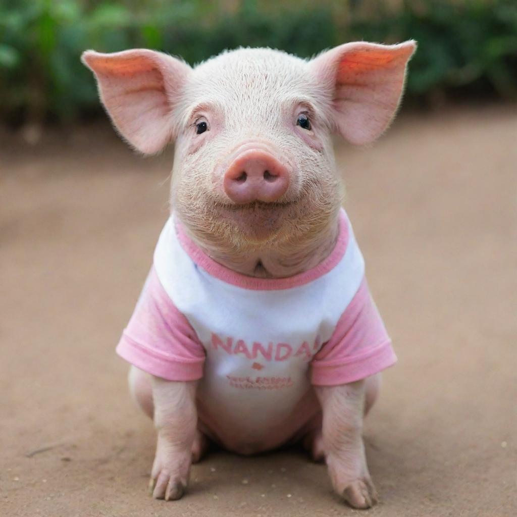 An adorable pig wearing a t-shirt with the text 'NANDA OKTAVIA' printed on it.