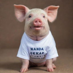 An adorable pig wearing a t-shirt with the text 'NANDA OKTAVIA' printed on it.