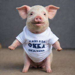 An adorable pig wearing a t-shirt with the text 'NANDA OKTAVIA' printed on it.