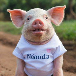 An adorable pig wearing a t-shirt with the text 'NANDA OKTAVIA' printed on it.