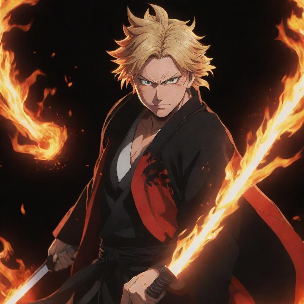 A vivid portrayal of Rengoku Kyojuro from Demon Slayer in his fiery haori, holding his sword, with a backdrop of flickering flames