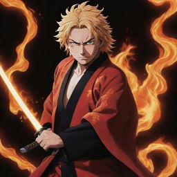 A vivid portrayal of Rengoku Kyojuro from Demon Slayer in his fiery haori, holding his sword, with a backdrop of flickering flames