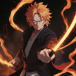 A vivid portrayal of Rengoku Kyojuro from Demon Slayer in his fiery haori, holding his sword, with a backdrop of flickering flames