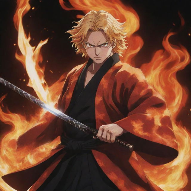 A vivid portrayal of Rengoku Kyojuro from Demon Slayer in his fiery haori, holding his sword, with a backdrop of flickering flames