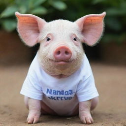 Adorable pig wearing a t-shirt with the text 'NANDA OKTAVIA'