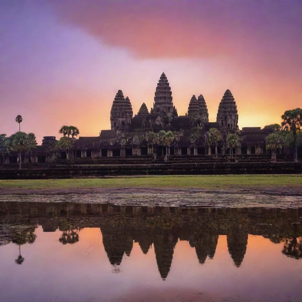 Angkor Wat at sunrise, illustrating the intricate carvings and majestic spires against a backdrop of bright orange and purple sky.