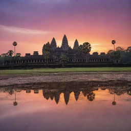 Angkor Wat at sunrise, illustrating the intricate carvings and majestic spires against a backdrop of bright orange and purple sky.