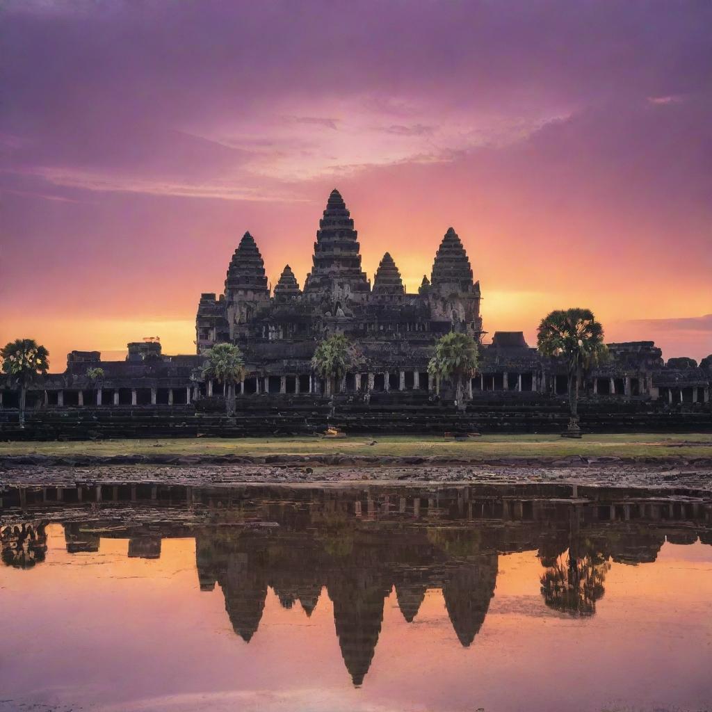 Angkor Wat at sunrise, illustrating the intricate carvings and majestic spires against a backdrop of bright orange and purple sky.