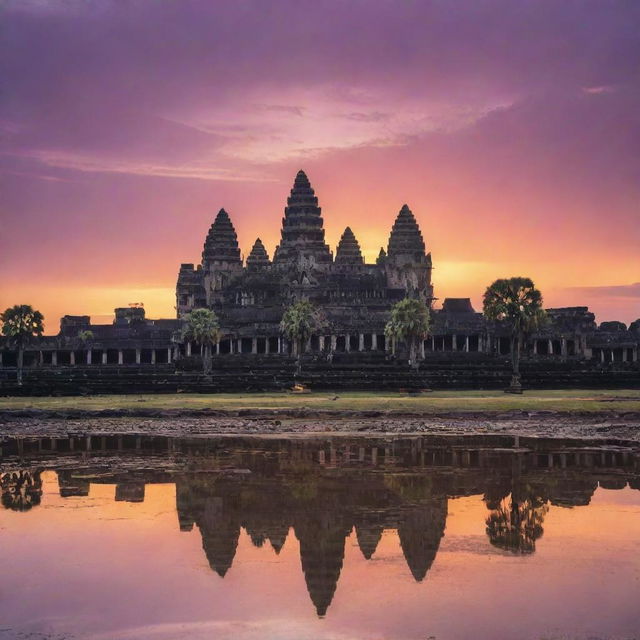 Angkor Wat at sunrise, illustrating the intricate carvings and majestic spires against a backdrop of bright orange and purple sky.