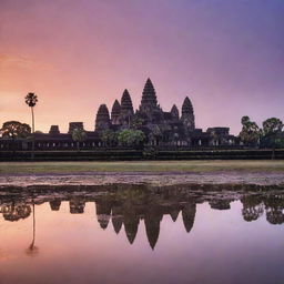 Angkor Wat at sunrise, illustrating the intricate carvings and majestic spires against a backdrop of bright orange and purple sky.