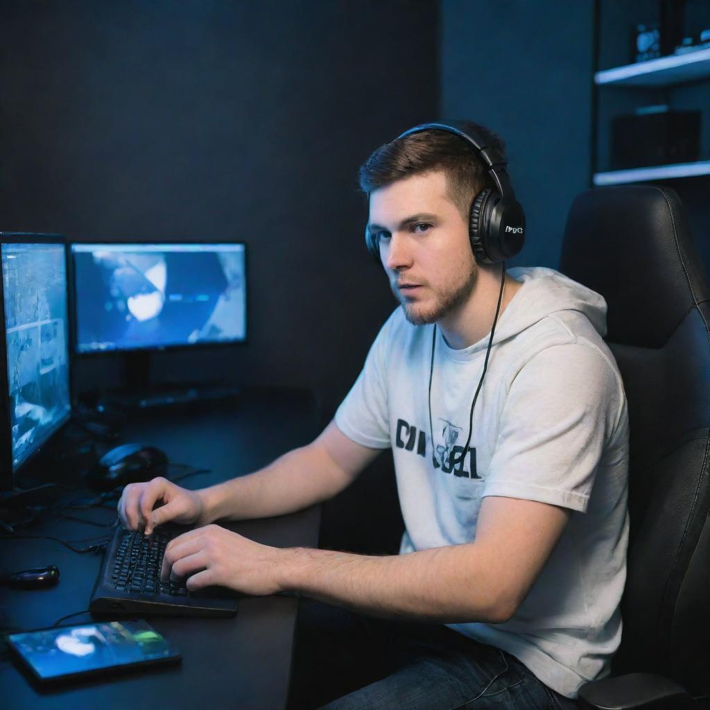 Artistic representation of the popular YouTuber 'Total Gaming' with his gaming gear on, sitting in front of multiple computer screens as he intensely plays a video game