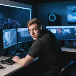 Artistic representation of the popular YouTuber 'Total Gaming' with his gaming gear on, sitting in front of multiple computer screens as he intensely plays a video game