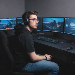 Artistic representation of the popular YouTuber 'Total Gaming' with his gaming gear on, sitting in front of multiple computer screens as he intensely plays a video game