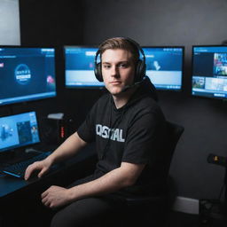 Artistic representation of the popular YouTuber 'Total Gaming' with his gaming gear on, sitting in front of multiple computer screens as he intensely plays a video game