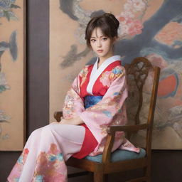 Anime character elegantly seated on a chair, with colorful clothing and expressive eyes, set against a background of detailed Japanese art