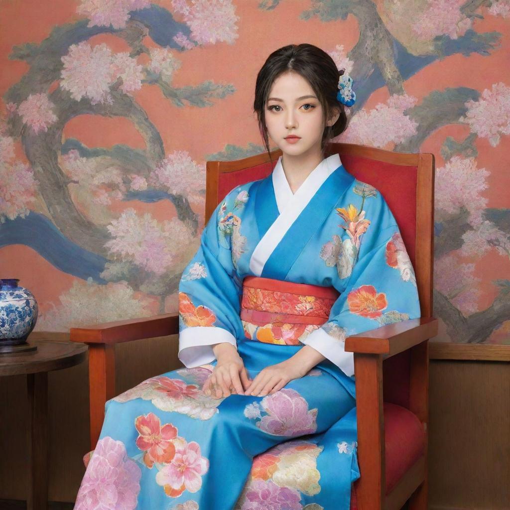 Anime character elegantly seated on a chair, with colorful clothing and expressive eyes, set against a background of detailed Japanese art