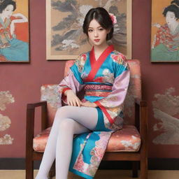 Anime character elegantly seated on a chair, with colorful clothing and expressive eyes, set against a background of detailed Japanese art