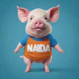 A cute pig wearing a vibrant t-shirt, printed with the phrase 'NANDA OKTAVIA' in stylish, bold letters.