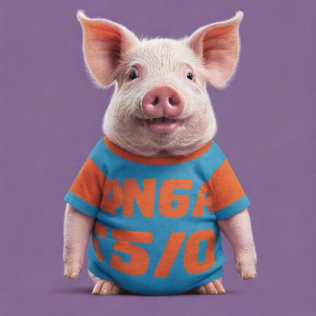 A cute pig wearing a vibrant t-shirt, printed with the phrase 'NANDA OKTAVIA' in stylish, bold letters.