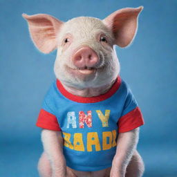 A cute pig wearing a vibrant t-shirt, printed with the phrase 'NANDA OKTAVIA' in stylish, bold letters.