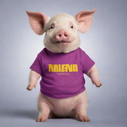 A cute pig wearing a vibrant t-shirt, printed with the phrase 'NANDA OKTAVIA' in stylish, bold letters.