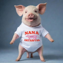 A cheerful pig wearing a shirt with the words 'NANDA OKTAVIA' on it