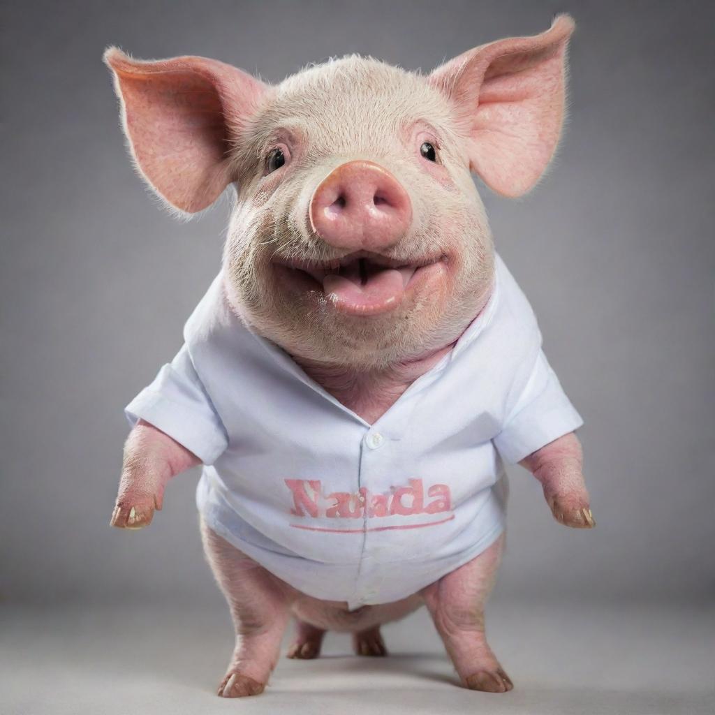 A cheerful pig wearing a shirt with the words 'NANDA OKTAVIA' on it