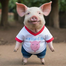 A cheerful pig wearing a shirt with the words 'NANDA OKTAVIA' on it