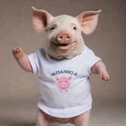 A cheerful pig wearing a shirt with the words 'NANDA OKTAVIA' on it