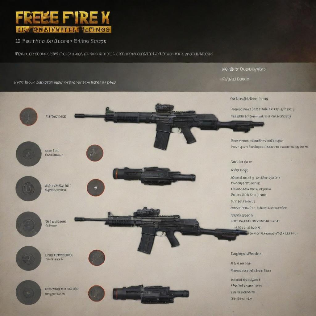 An infographic showcasing optimal sensitivity settings for the mobile game Free Fire, indicating settings for general sensitivity, red dot, 2x scope, 4x scope, AWM scope