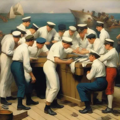 The painting depicted a scene of sailors crowded around the slop chest, eagerly selecting various items to purchase.