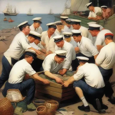 The painting depicted a scene of sailors crowded around the slop chest, eagerly selecting various items to purchase.