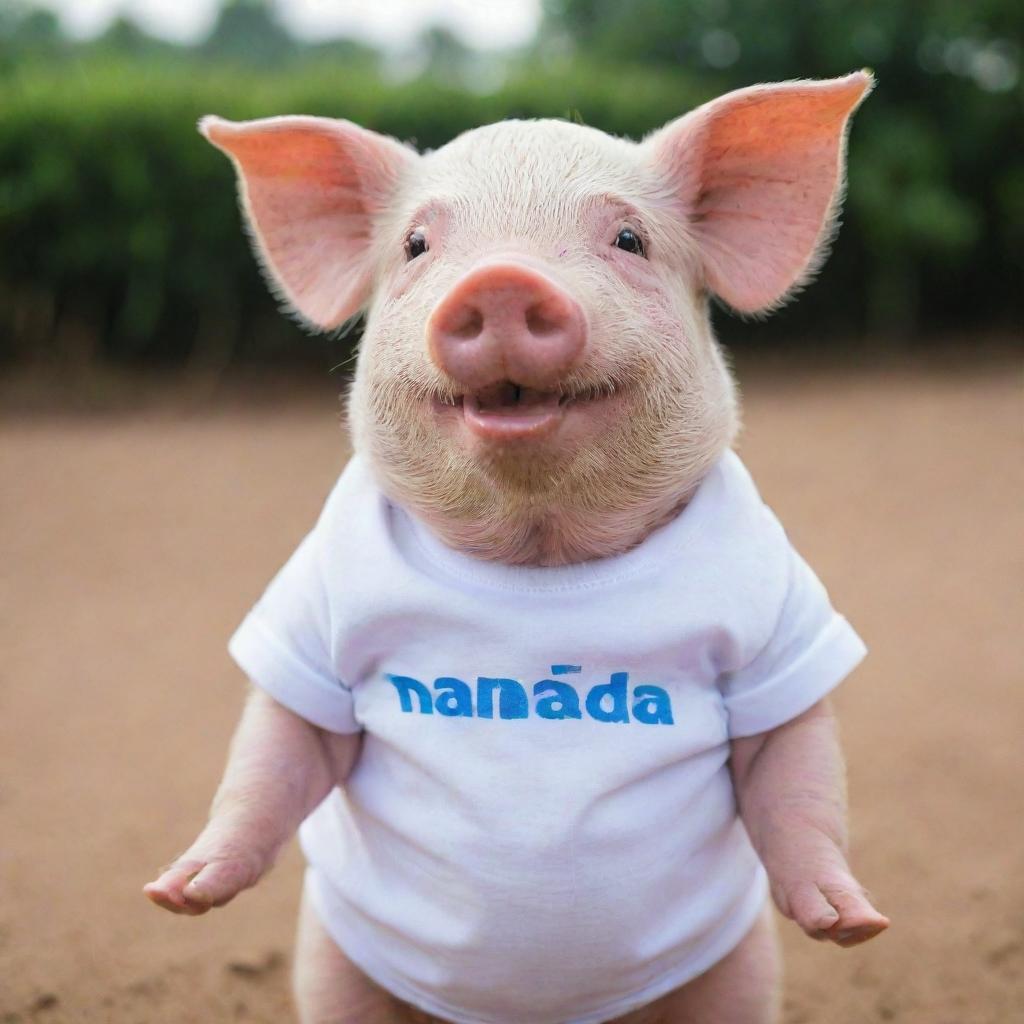 A cute pig wearing a t-shirt that has 'NANDA OKTAVIA' written on it