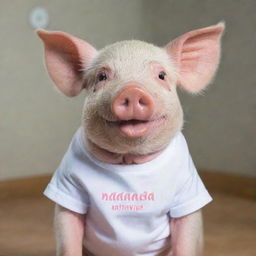 A cute pig wearing a t-shirt that has 'NANDA OKTAVIA' written on it