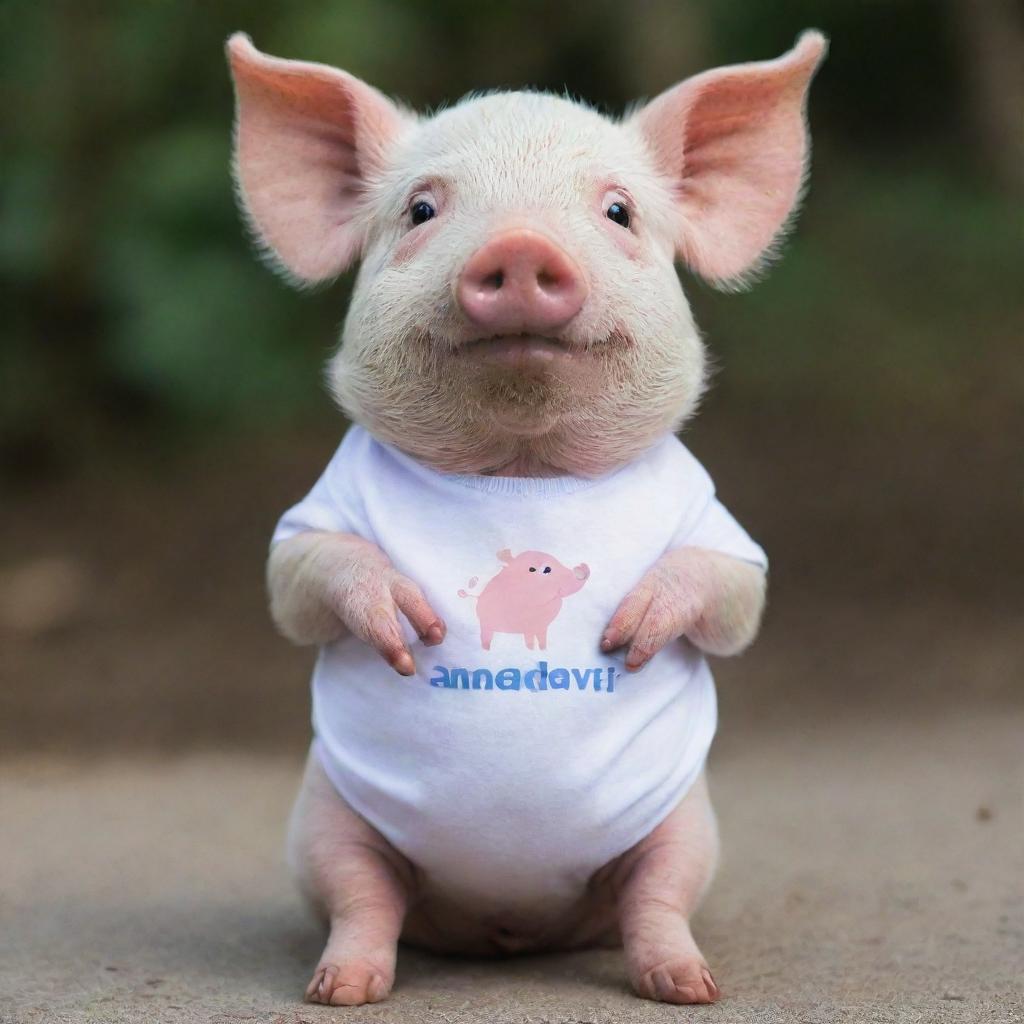 A cute pig wearing a t-shirt that has 'NANDA OKTAVIA' written on it