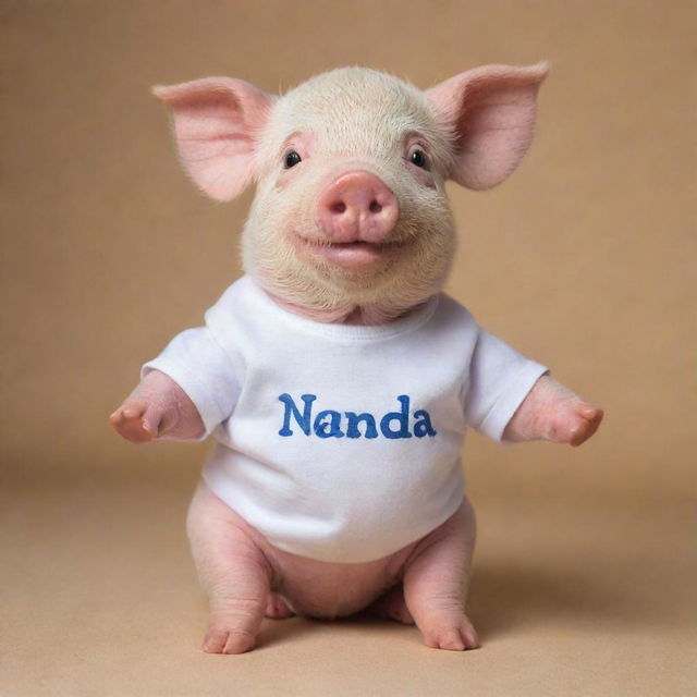 A cute pig wearing a shirt that has the word 'NANDA' printed on it