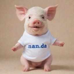 A cute pig wearing a shirt that has the word 'NANDA' printed on it