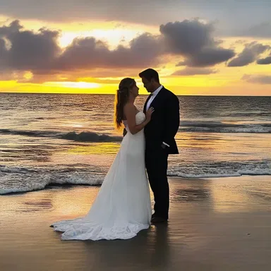 The romantic sunset over the ocean was a breathtaking sight that took their breath away.