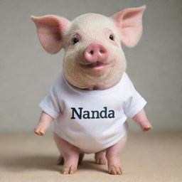 A cute pig wearing a shirt that has the word 'NANDA' printed on it