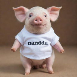 A cute pig wearing a shirt that has the word 'NANDA' printed on it