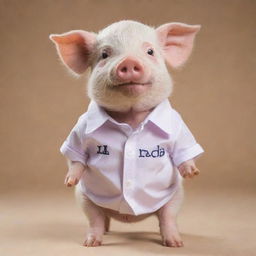 A cute pig dressed in a shirt that has 'NANDA oktavia' written on it