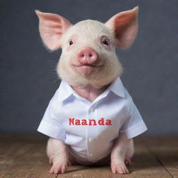 A cute pig dressed in a shirt that has 'NANDA oktavia' written on it