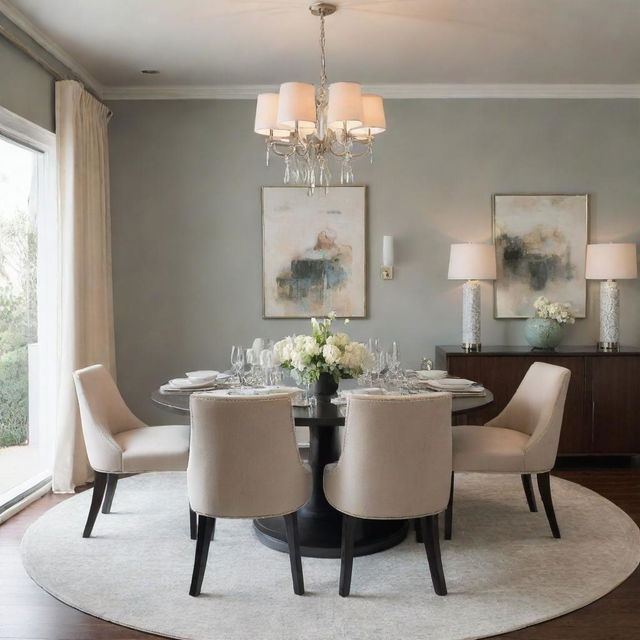 A well-appointed dining room with tasteful color palette, comfortable seating, elegant lighting and sophisticated decor, showcasing a modern yet timeless sophistication.