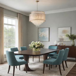 A well-appointed dining room with tasteful color palette, comfortable seating, elegant lighting and sophisticated decor, showcasing a modern yet timeless sophistication.